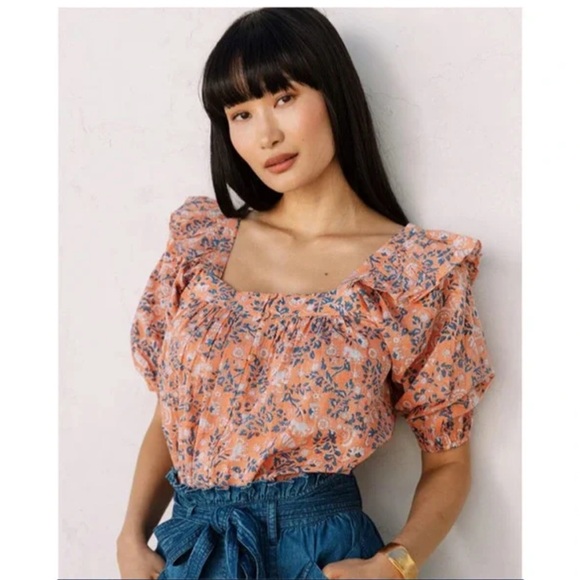 CLEOBELLA Mariana Puff‎ Short Sleeve Blouse in Peach Positano Floral size Xs - Picture 1 of 7